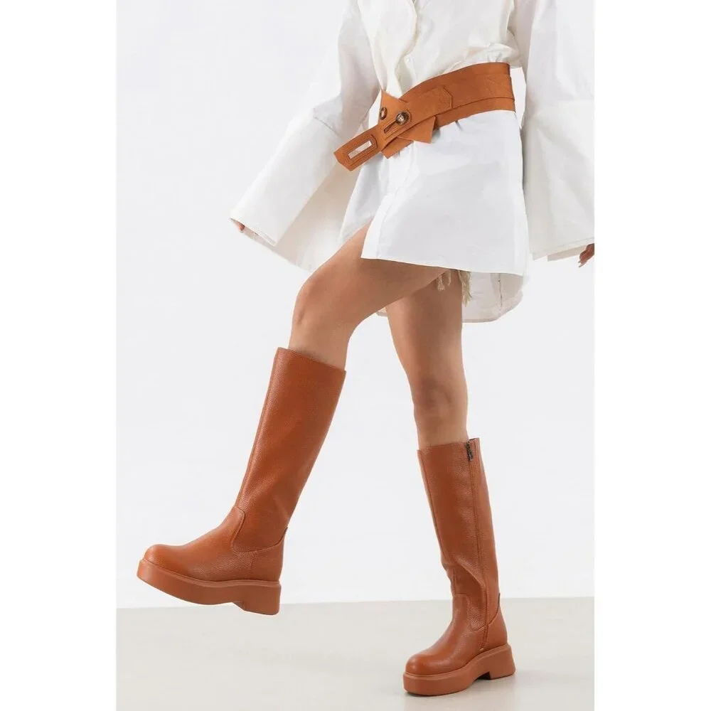 Women's Brown Knee Leather Platform Chelsea Boots Front Zip Chunky Combat Bootie - Picture 4 of 6